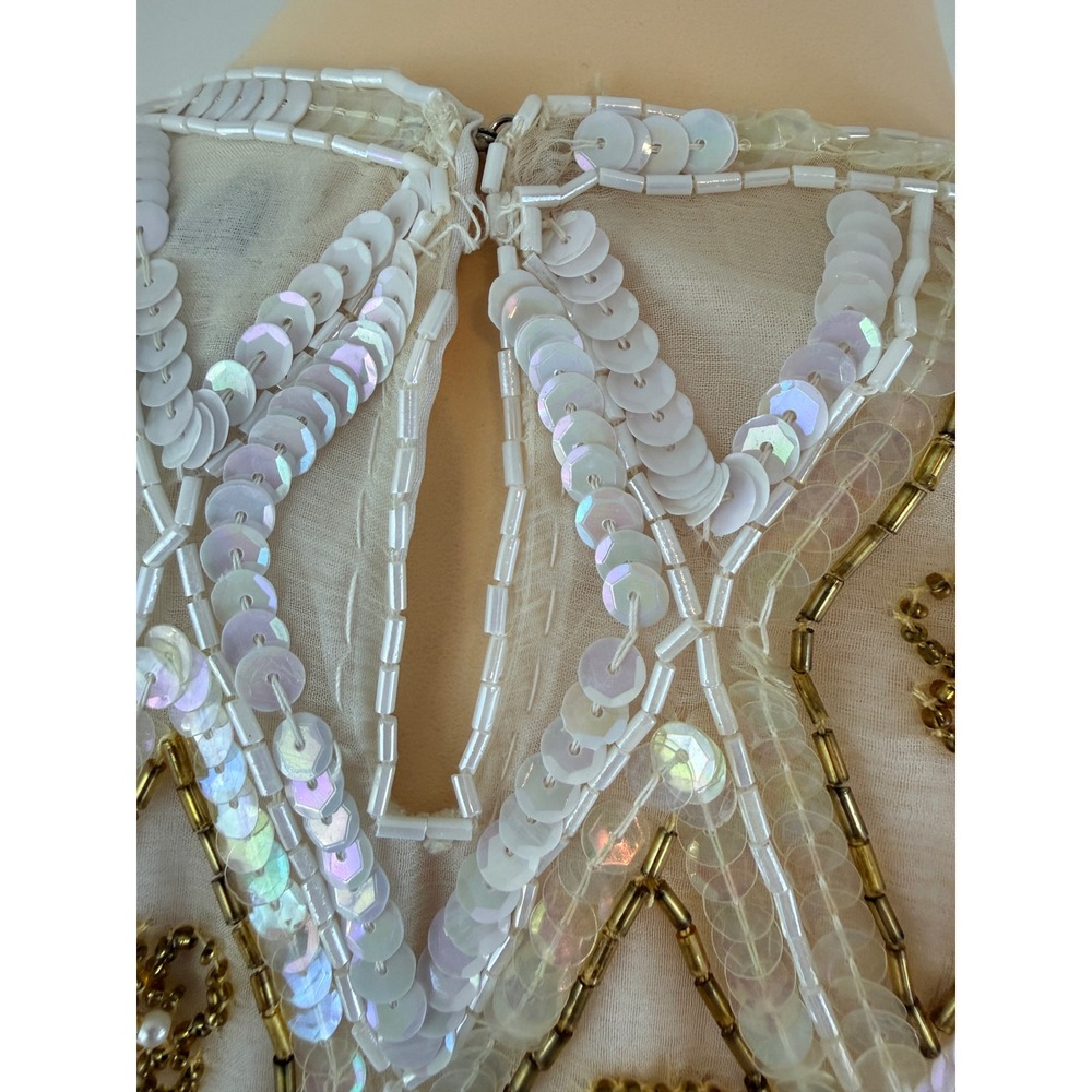 Vintage Silk Beaded Sequin Top White Gold Mermaidcore Pearl Beaded - Picture 5 of 9